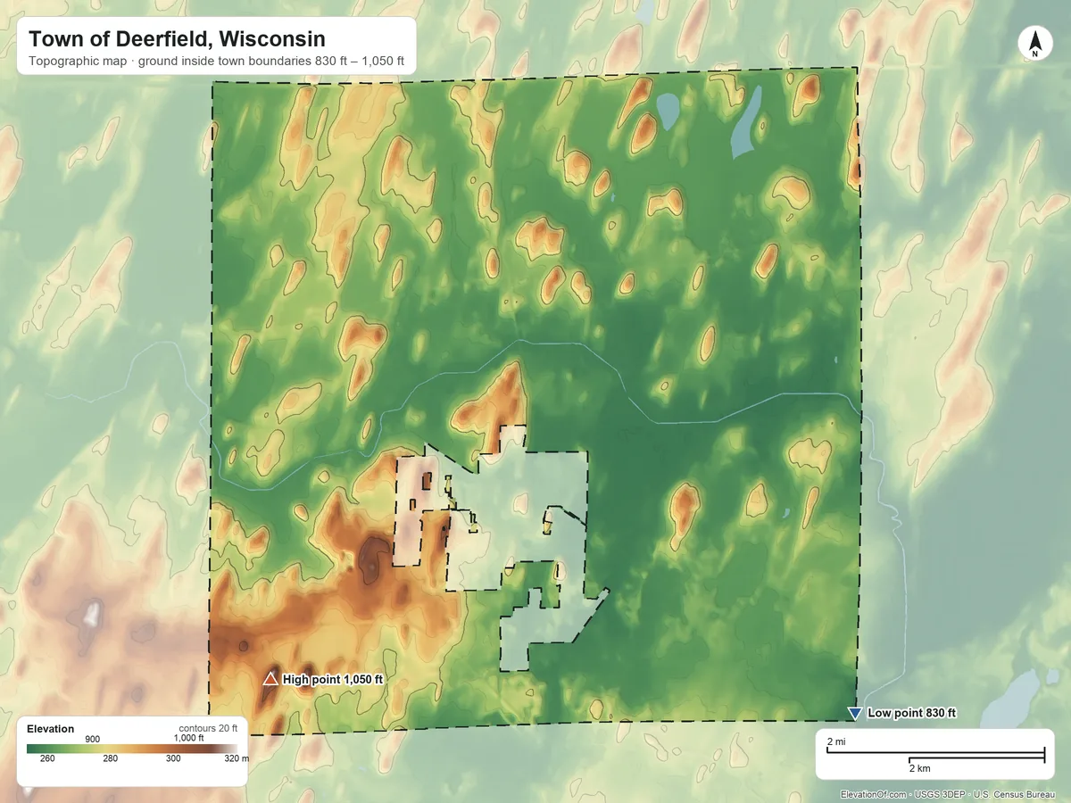 Topographic elevation map of Town of Deerfield, Wisconsin, shaded from 830 ft on the southeast side to 1,050 ft on the southwest side