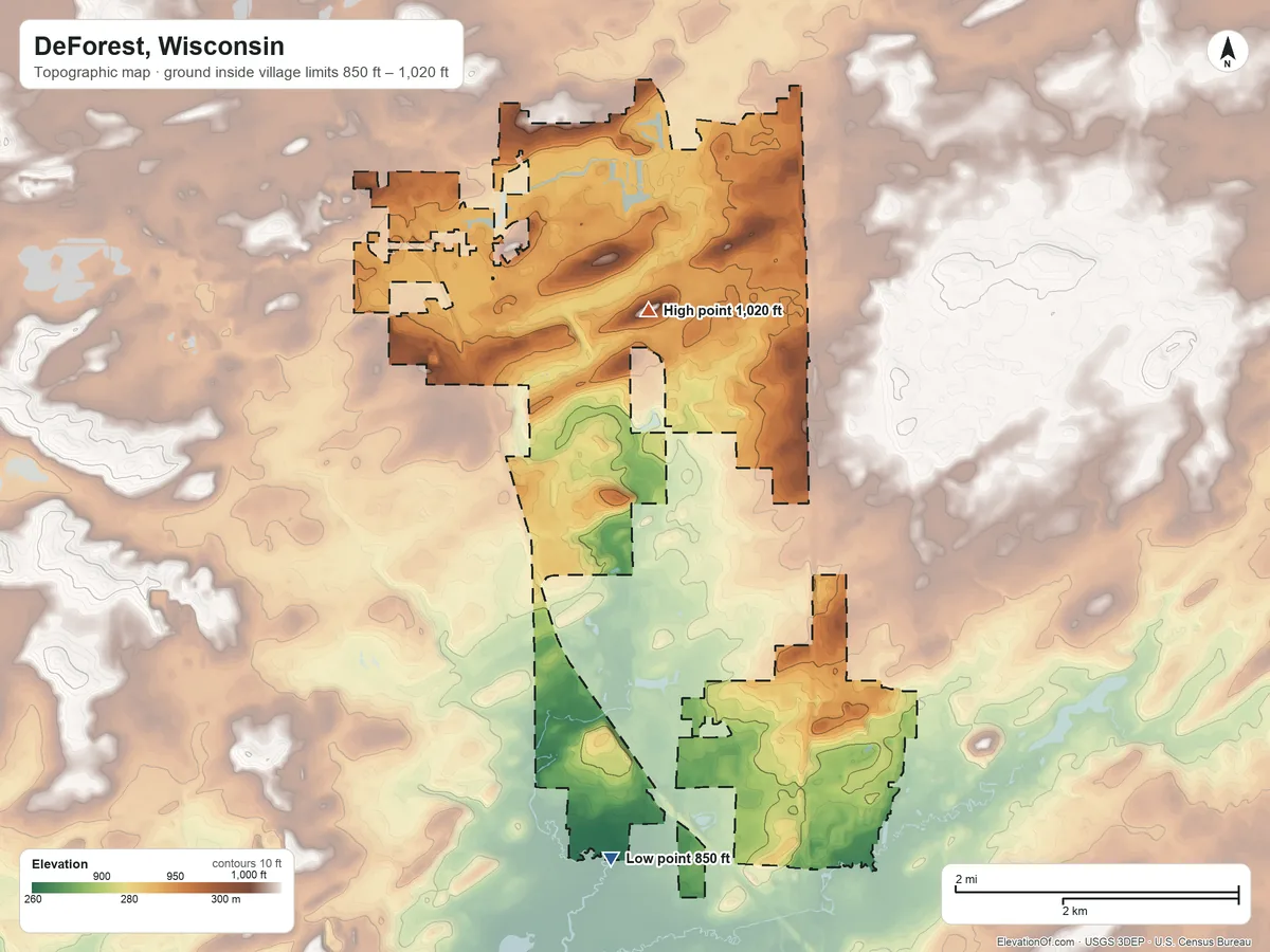 Topographic elevation map of DeForest, Wisconsin, shaded from 850 ft on the south side to 1,020 ft near the middle