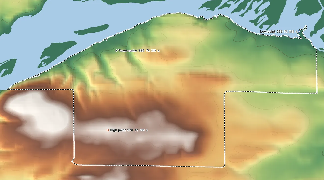 Topographic elevation map of Dekorra, Columbia County, Wisconsin, shaded from 780 ft on the east side to 970 ft on the south side