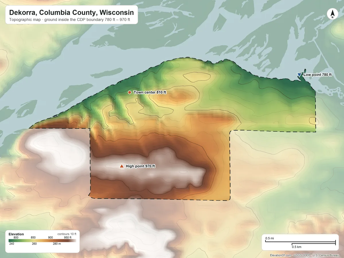 Topographic elevation map of Dekorra, Columbia County, Wisconsin, shaded from 780 ft on the east side to 970 ft on the south side