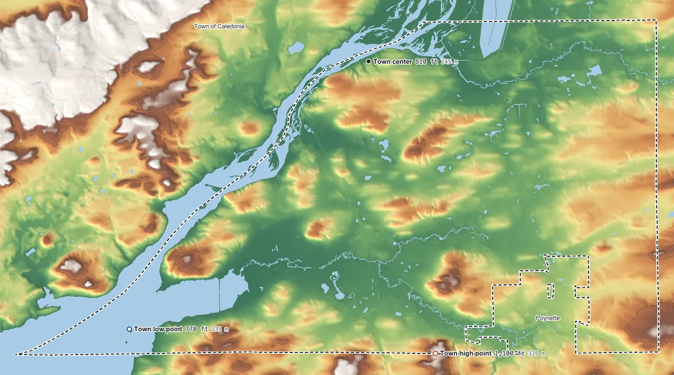 Topographic elevation map of Dekorra, Wisconsin, shaded from 770 ft on the southwest side to 1,100 ft on the south side