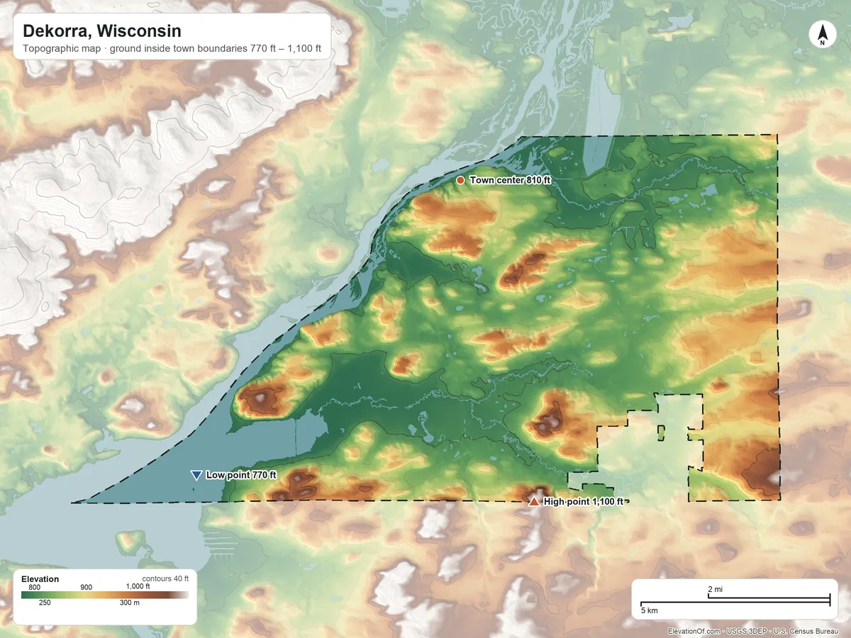 Topographic elevation map of Dekorra, Wisconsin, shaded from 770 ft on the southwest side to 1,100 ft on the south side