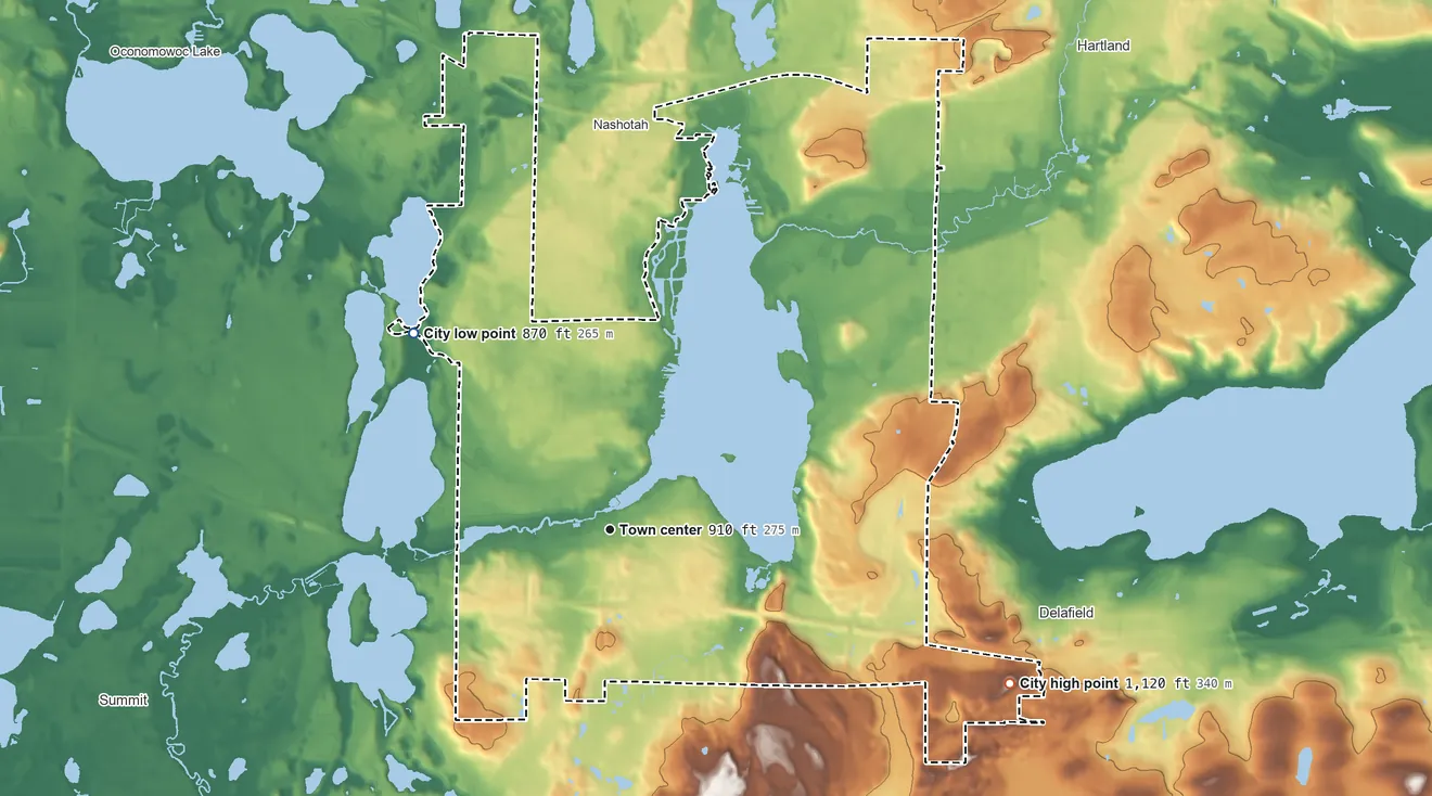 Topographic elevation map of City of Delafield, Wisconsin, shaded from 870 ft on the northwest side to 1,120 ft on the east side