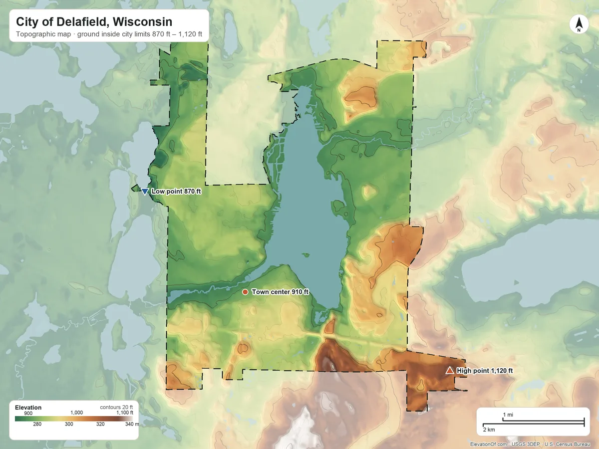 Topographic elevation map of City of Delafield, Wisconsin, shaded from 870 ft on the northwest side to 1,120 ft on the east side