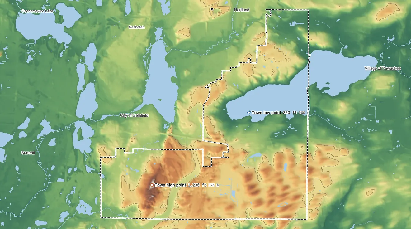 Topographic elevation map of Delafield, Wisconsin, shaded from 850 ft near the middle to 1,230 ft on Lapham Hill