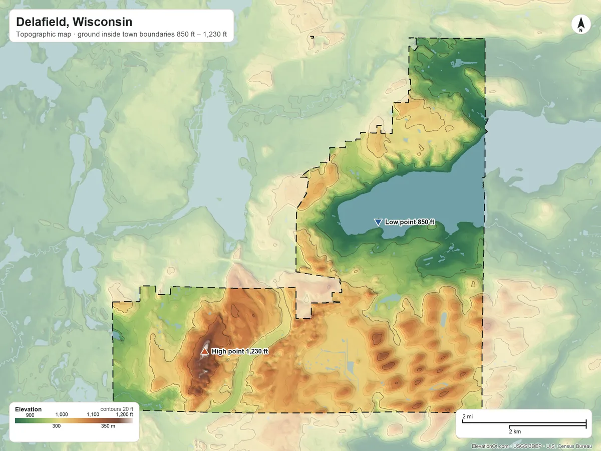 Topographic elevation map of Delafield, Wisconsin, shaded from 850 ft near the middle to 1,230 ft on Lapham Hill