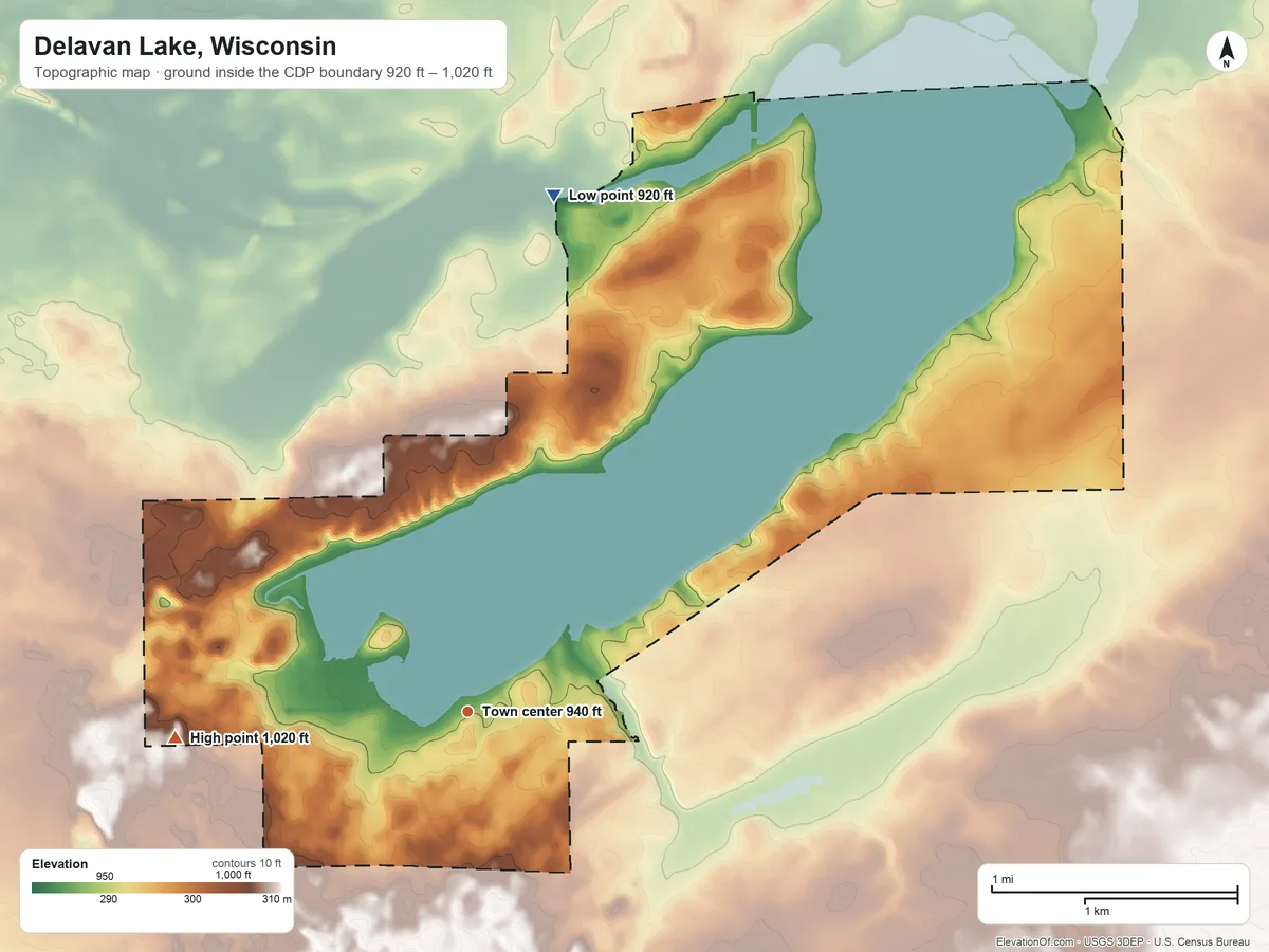 Topographic elevation map of Delavan Lake, Wisconsin, shaded from 920 ft on the north side to 1,020 ft on the west side