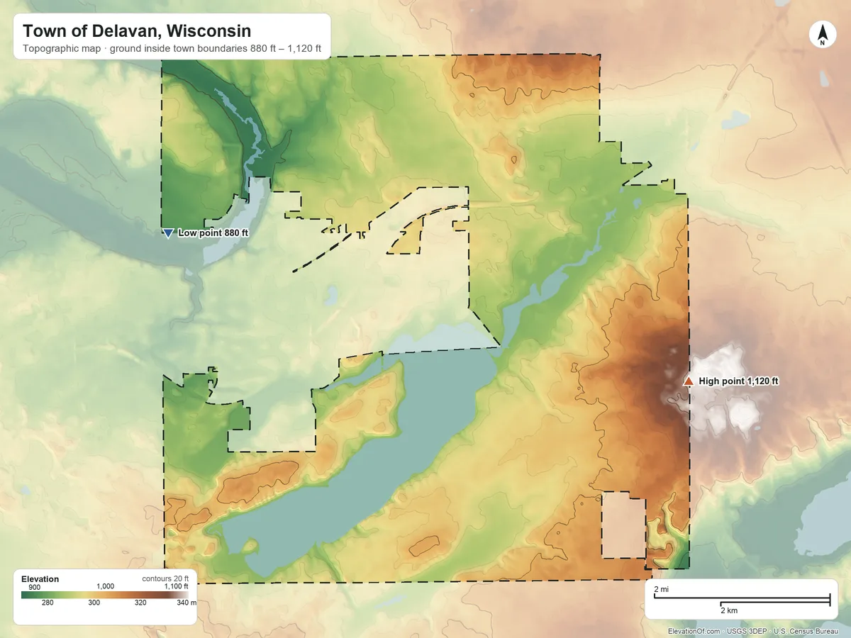 Topographic elevation map of Town of Delavan, Wisconsin, shaded from 880 ft on the northwest side to 1,120 ft on the east side