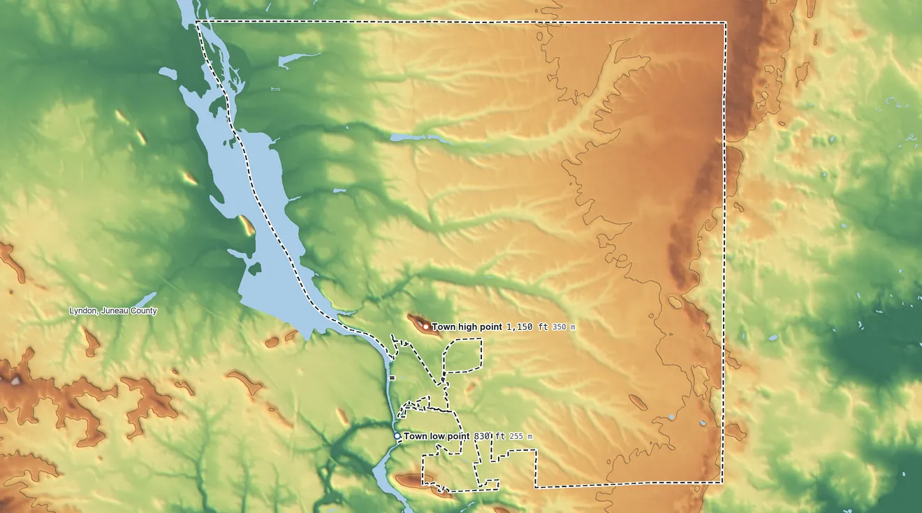 Topographic elevation map of Dell Prairie, Wisconsin, shaded from 830 ft on the south side to 1,150 ft on the southwest side