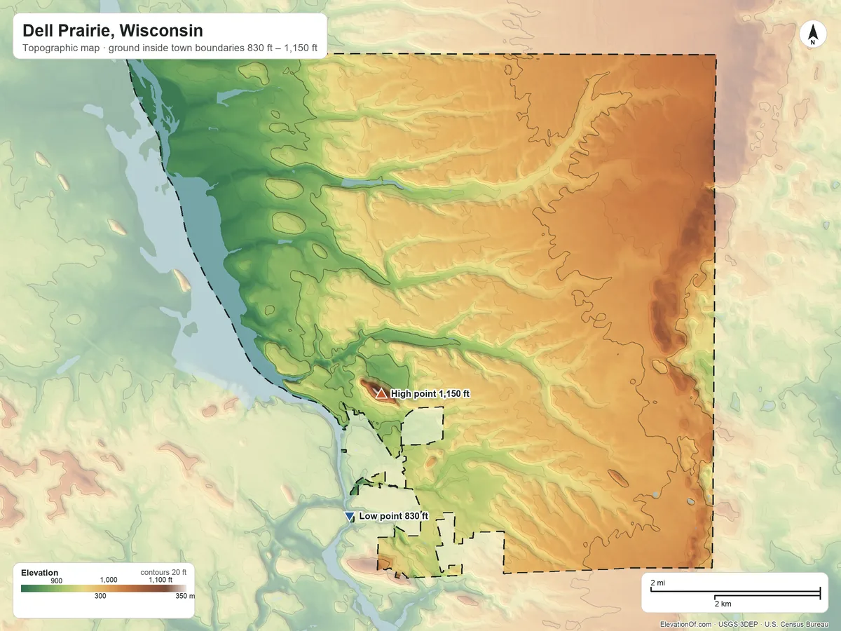 Topographic elevation map of Dell Prairie, Wisconsin, shaded from 830 ft on the south side to 1,150 ft on the southwest side
