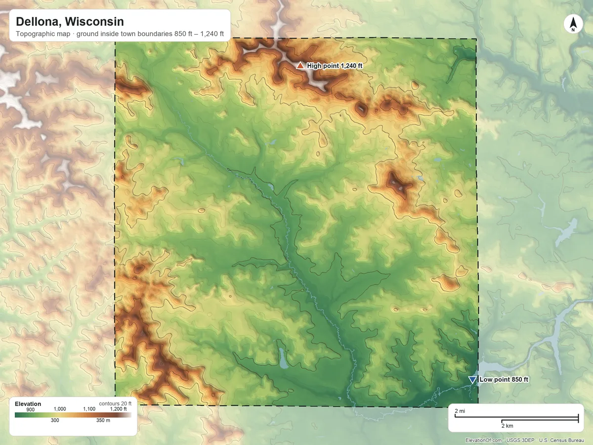 Topographic elevation map of Dellona, Wisconsin, shaded from 850 ft on the southeast side to 1,240 ft on the north side