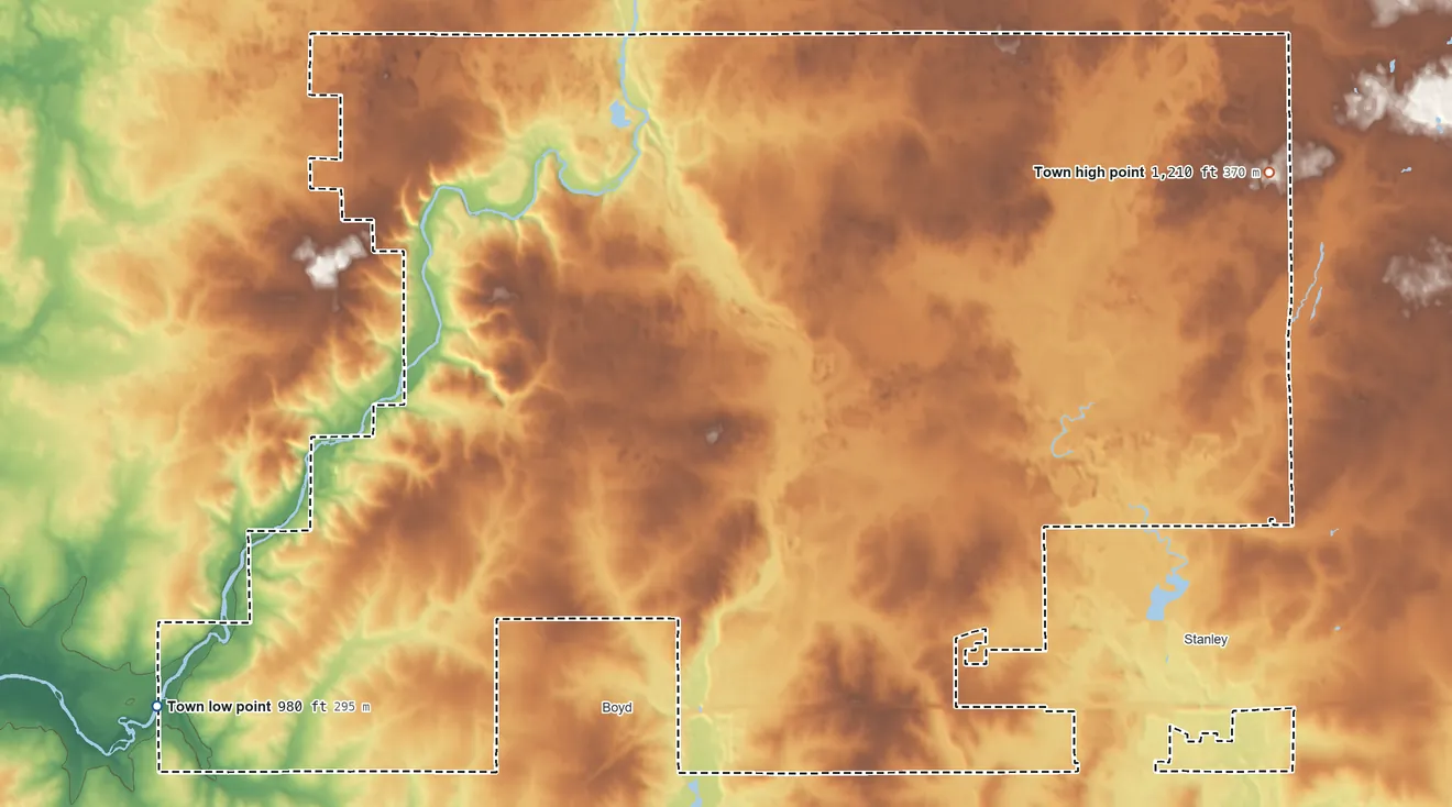 Topographic elevation map of Delmar, Wisconsin, shaded from 980 ft on the southwest side to 1,210 ft on the east side