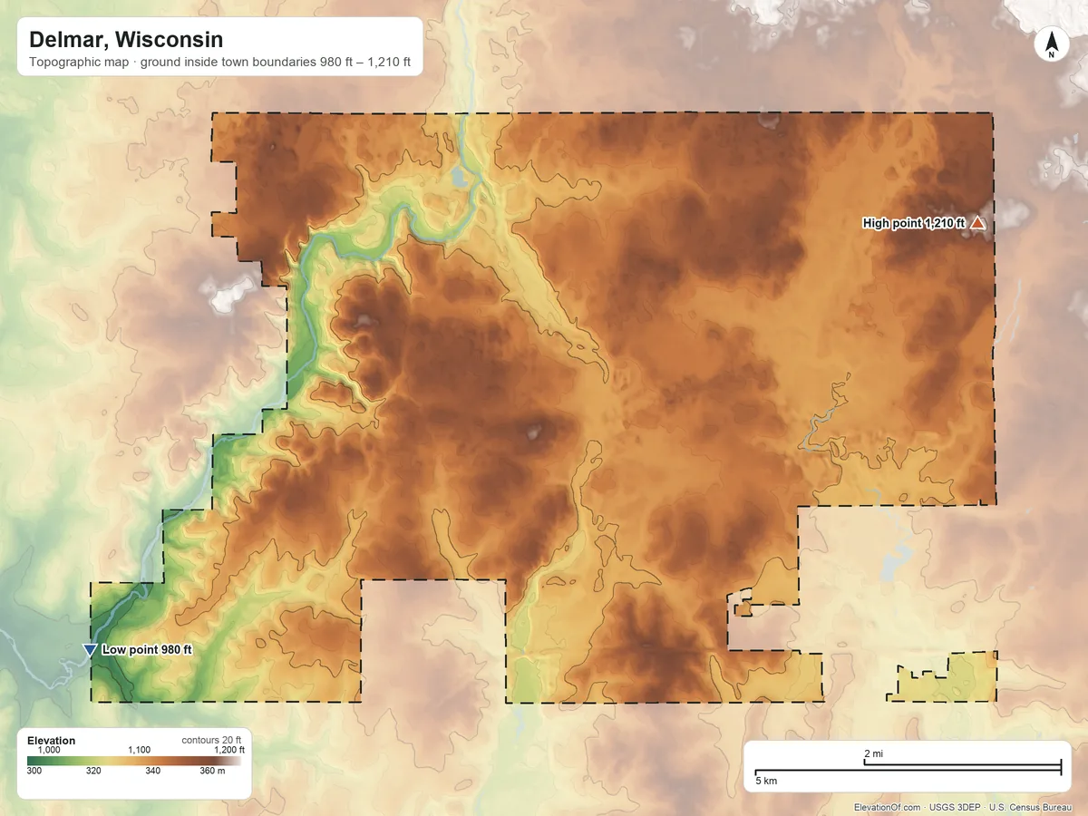 Topographic elevation map of Delmar, Wisconsin, shaded from 980 ft on the southwest side to 1,210 ft on the east side