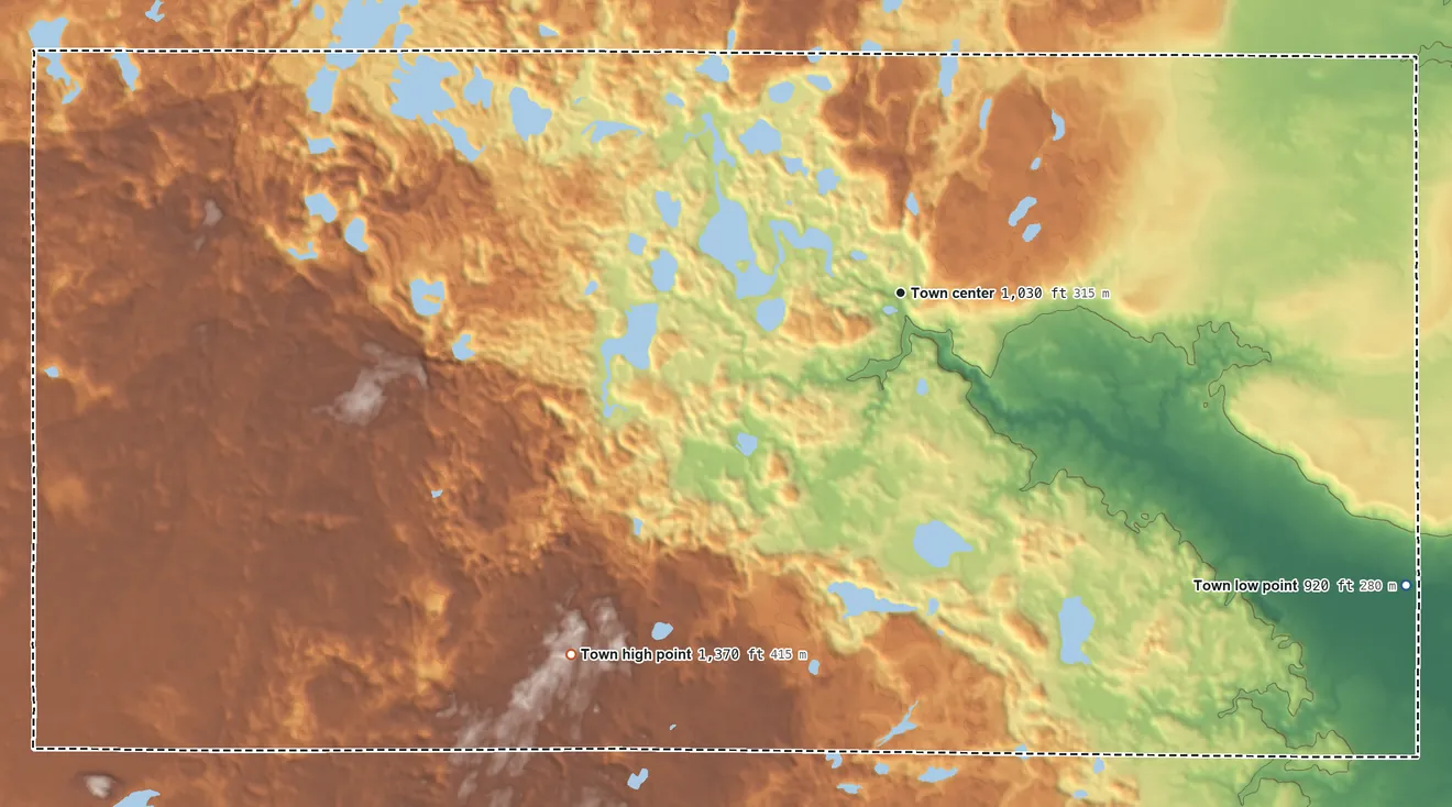 Topographic elevation map of Delta, Wisconsin, shaded from 920 ft on the southeast side to 1,370 ft on the southwest side