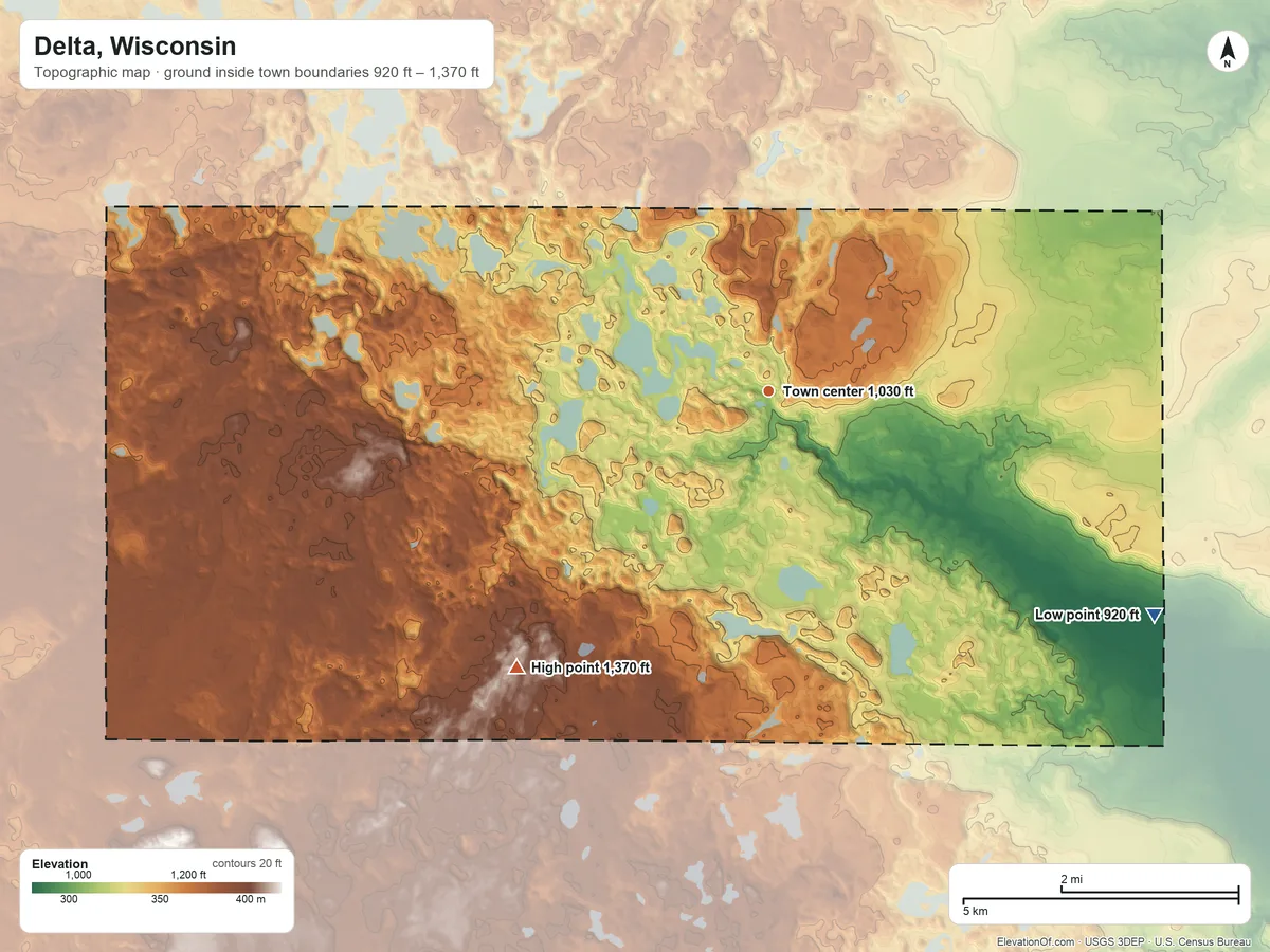 Topographic elevation map of Delta, Wisconsin, shaded from 920 ft on the southeast side to 1,370 ft on the southwest side