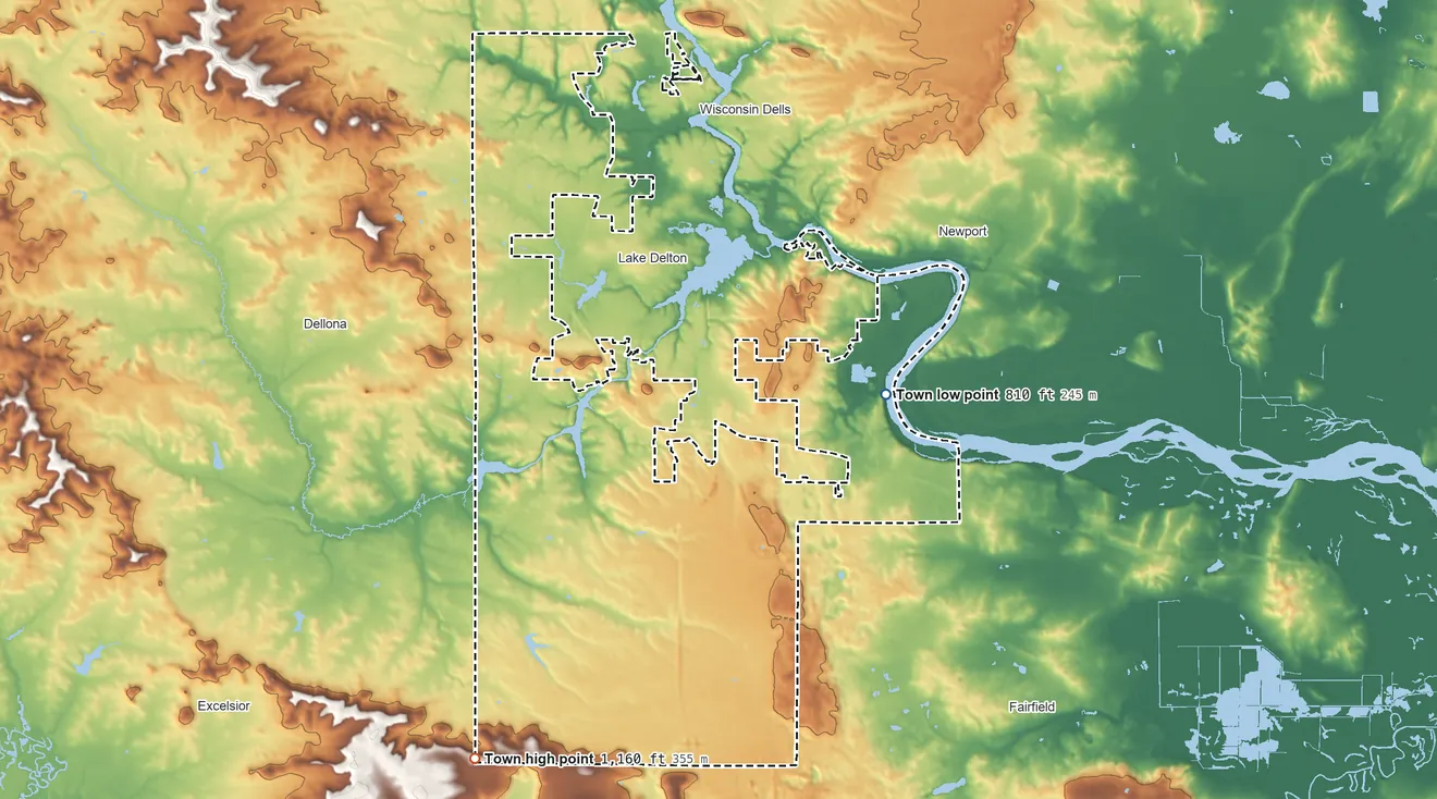Topographic elevation map of Delton, Wisconsin, shaded from 810 ft on the northeast side to 1,160 ft on the southwest side