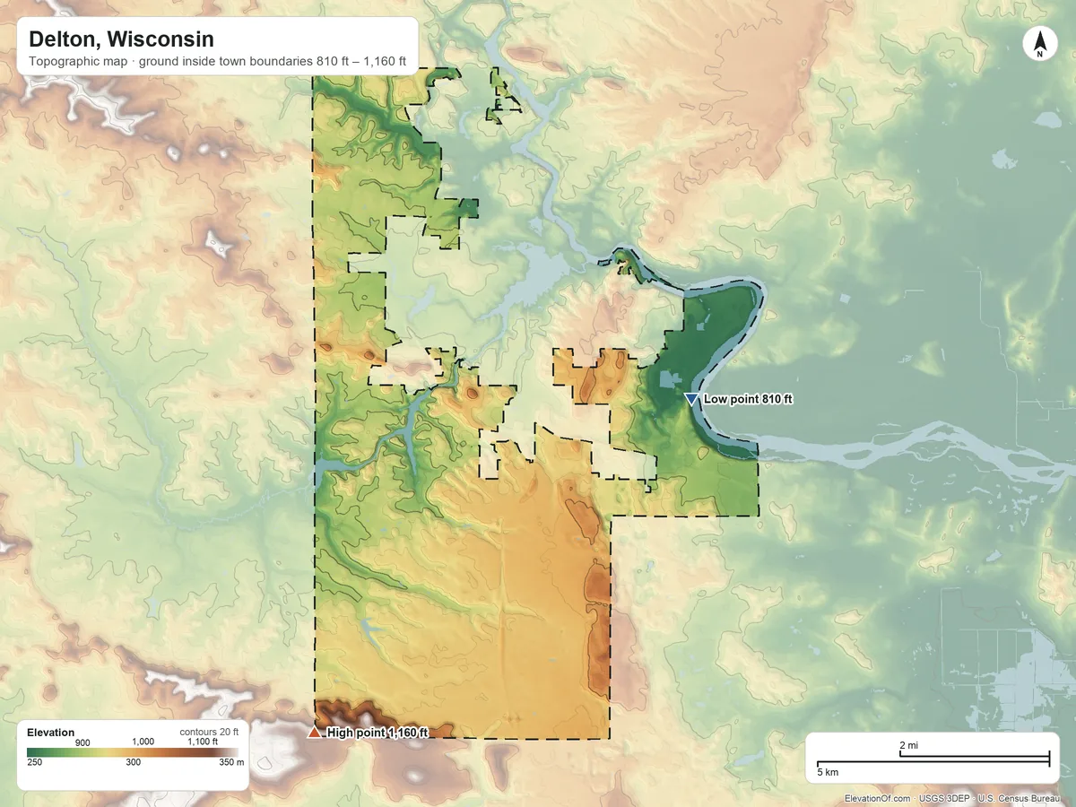 Topographic elevation map of Delton, Wisconsin, shaded from 810 ft on the northeast side to 1,160 ft on the southwest side