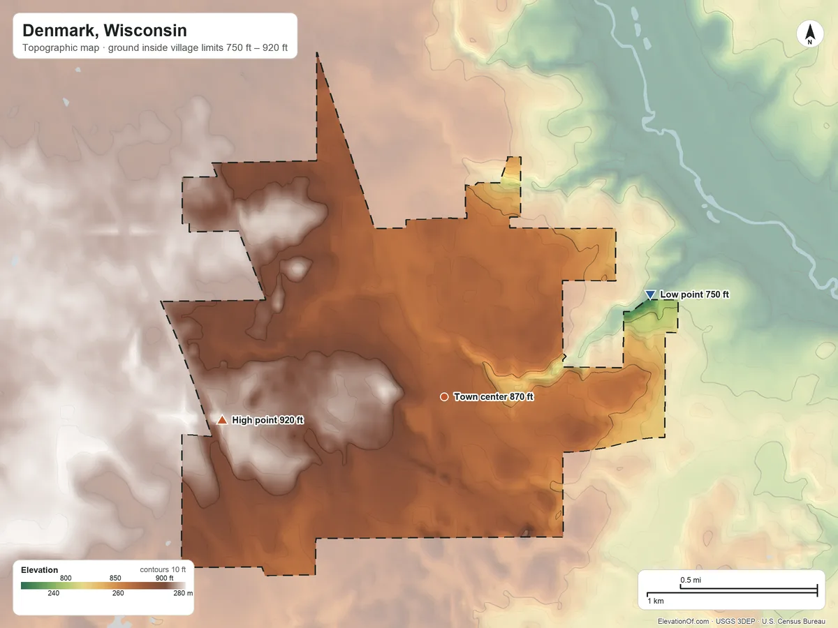 Topographic elevation map of Denmark, Wisconsin, shaded from 750 ft on the northeast side to 920 ft on the west side