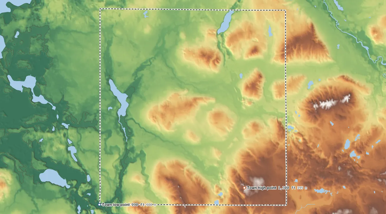 Topographic elevation map of Dewey, Burnett County, Wisconsin, shaded from 990 ft on the southwest side to 1,300 ft on the southeast side