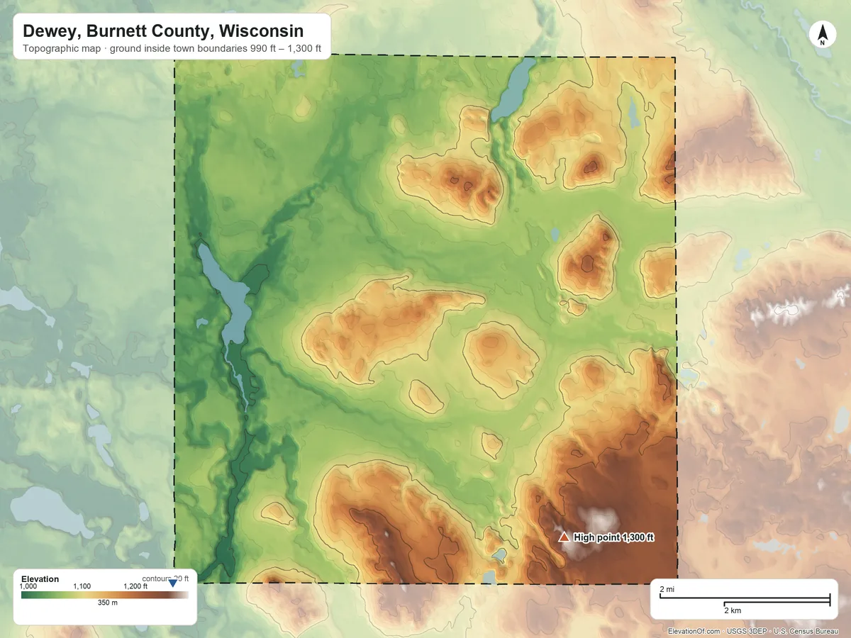 Topographic elevation map of Dewey, Burnett County, Wisconsin, shaded from 990 ft on the southwest side to 1,300 ft on the southeast side