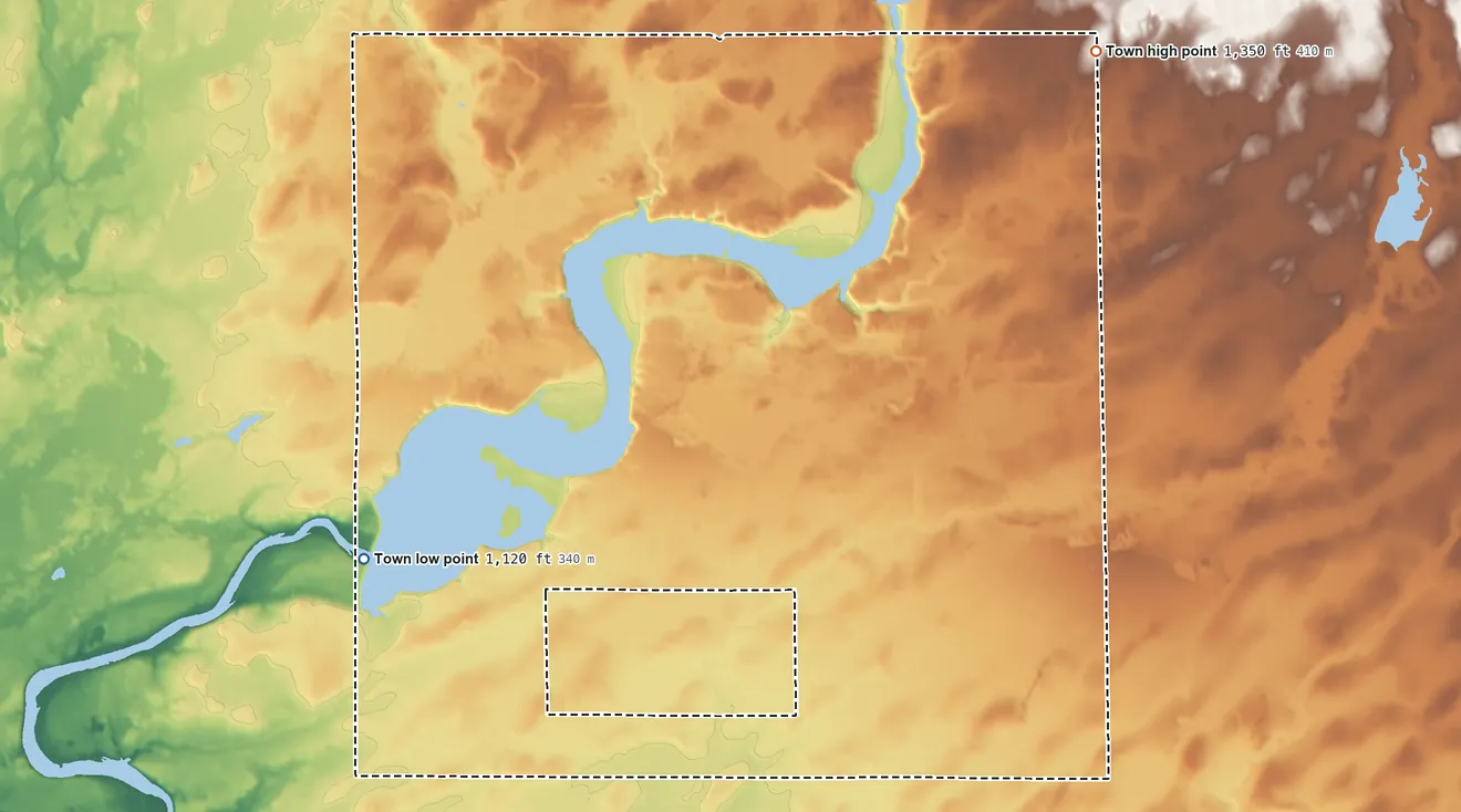 Topographic elevation map of Dewey, Rusk County, Wisconsin, shaded from 1,120 ft on the southwest side to 1,350 ft on the northeast side