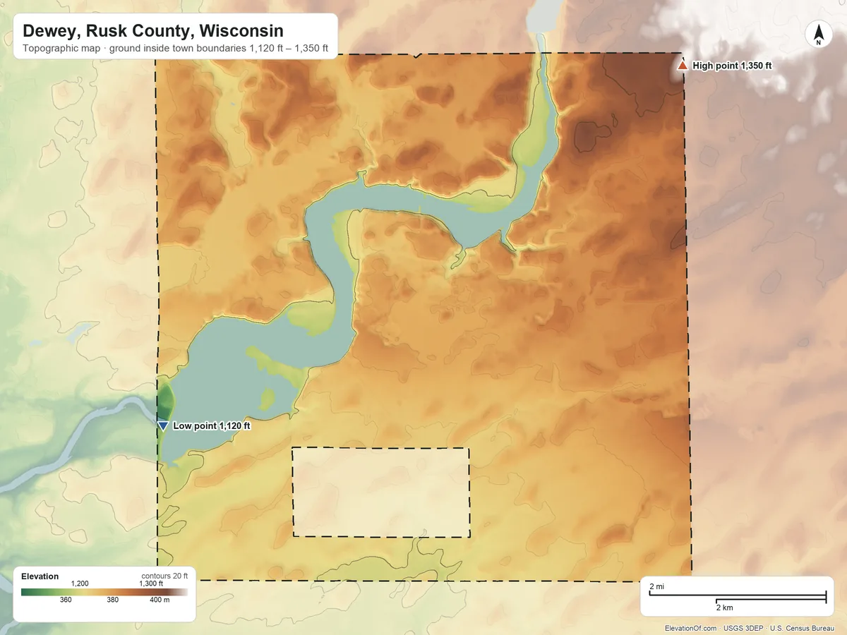 Topographic elevation map of Dewey, Rusk County, Wisconsin, shaded from 1,120 ft on the southwest side to 1,350 ft on the northeast side