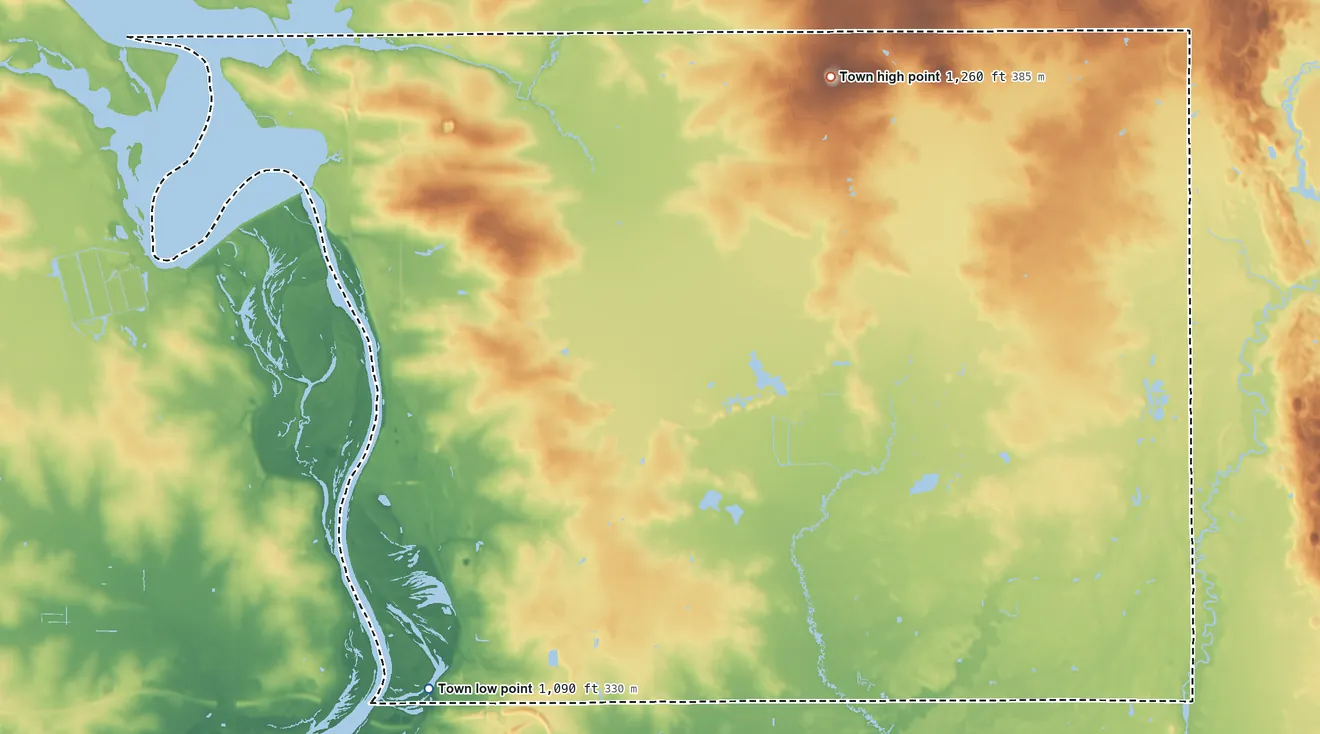Topographic elevation map of Dewey, Wisconsin, shaded from 1,090 ft on the south side to 1,260 ft on the northeast side
