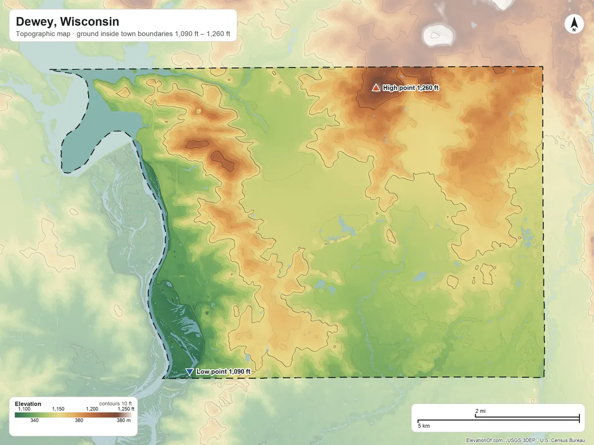 Topographic elevation map of Dewey, Wisconsin, shaded from 1,090 ft on the south side to 1,260 ft on the northeast side