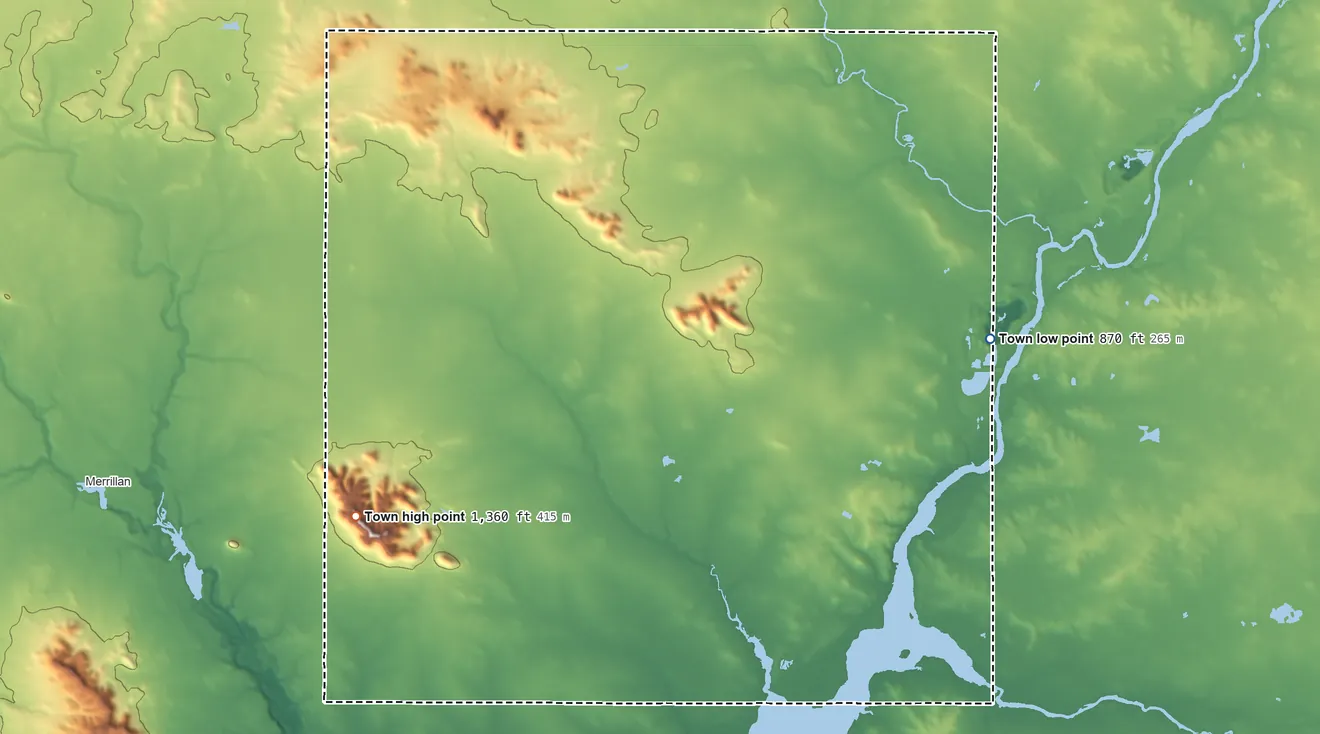 Topographic elevation map of Dewhurst, Wisconsin, shaded from 870 ft on the northeast side to 1,360 ft on the west side