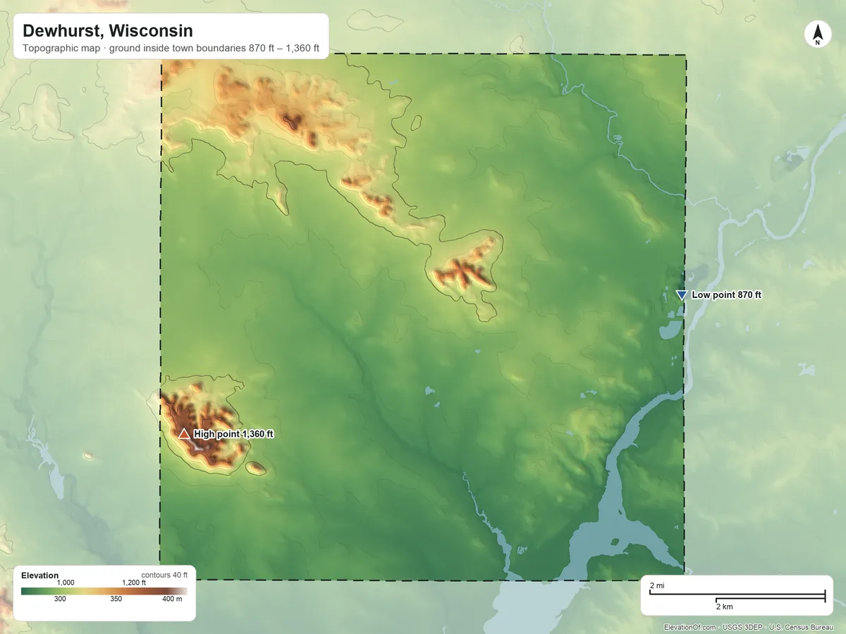 Topographic elevation map of Dewhurst, Wisconsin, shaded from 870 ft on the northeast side to 1,360 ft on the west side