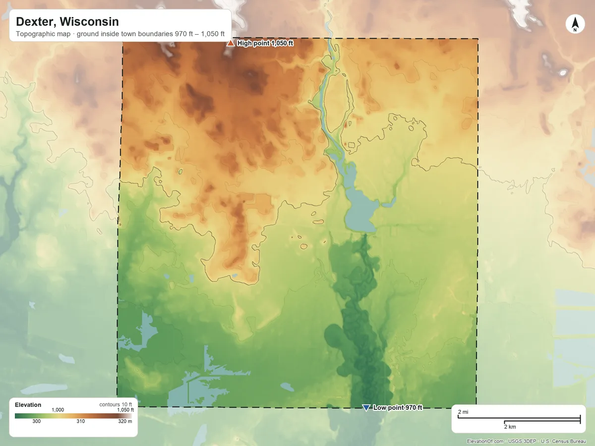 Topographic elevation map of Dexter, Wisconsin, shaded from 970 ft on the south side to 1,050 ft on the north side