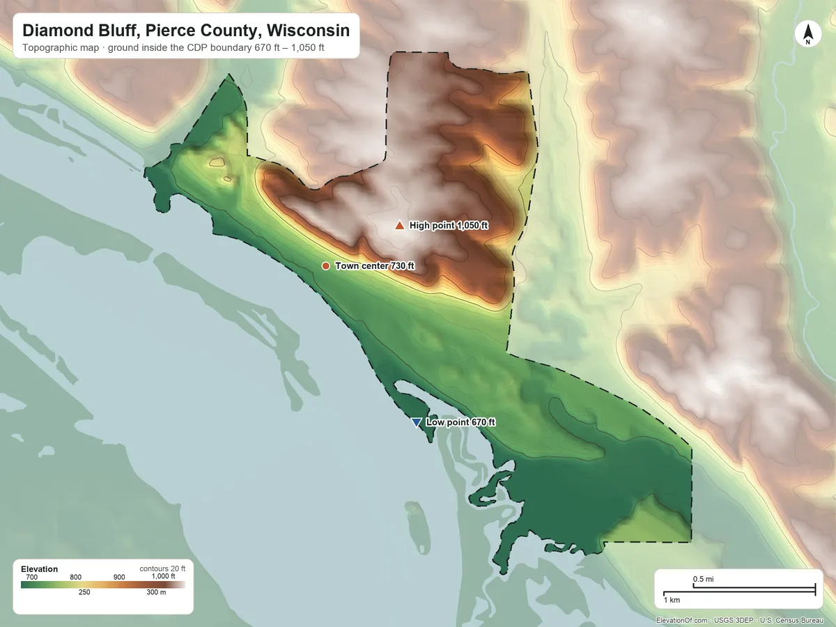 Topographic elevation map of Diamond Bluff, Pierce County, Wisconsin, shaded from 670 ft on the southeast side to 1,050 ft on the northeast side