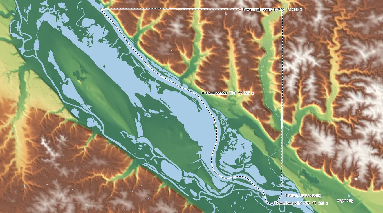 Topographic elevation map of Diamond Bluff, Wisconsin, shaded from 670 ft on the southeast side to 1,070 ft on the northeast side