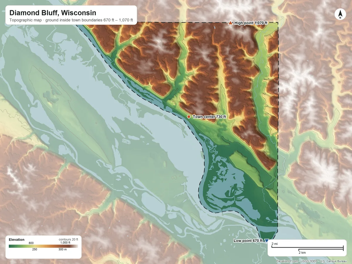 Topographic elevation map of Diamond Bluff, Wisconsin, shaded from 670 ft on the southeast side to 1,070 ft on the northeast side
