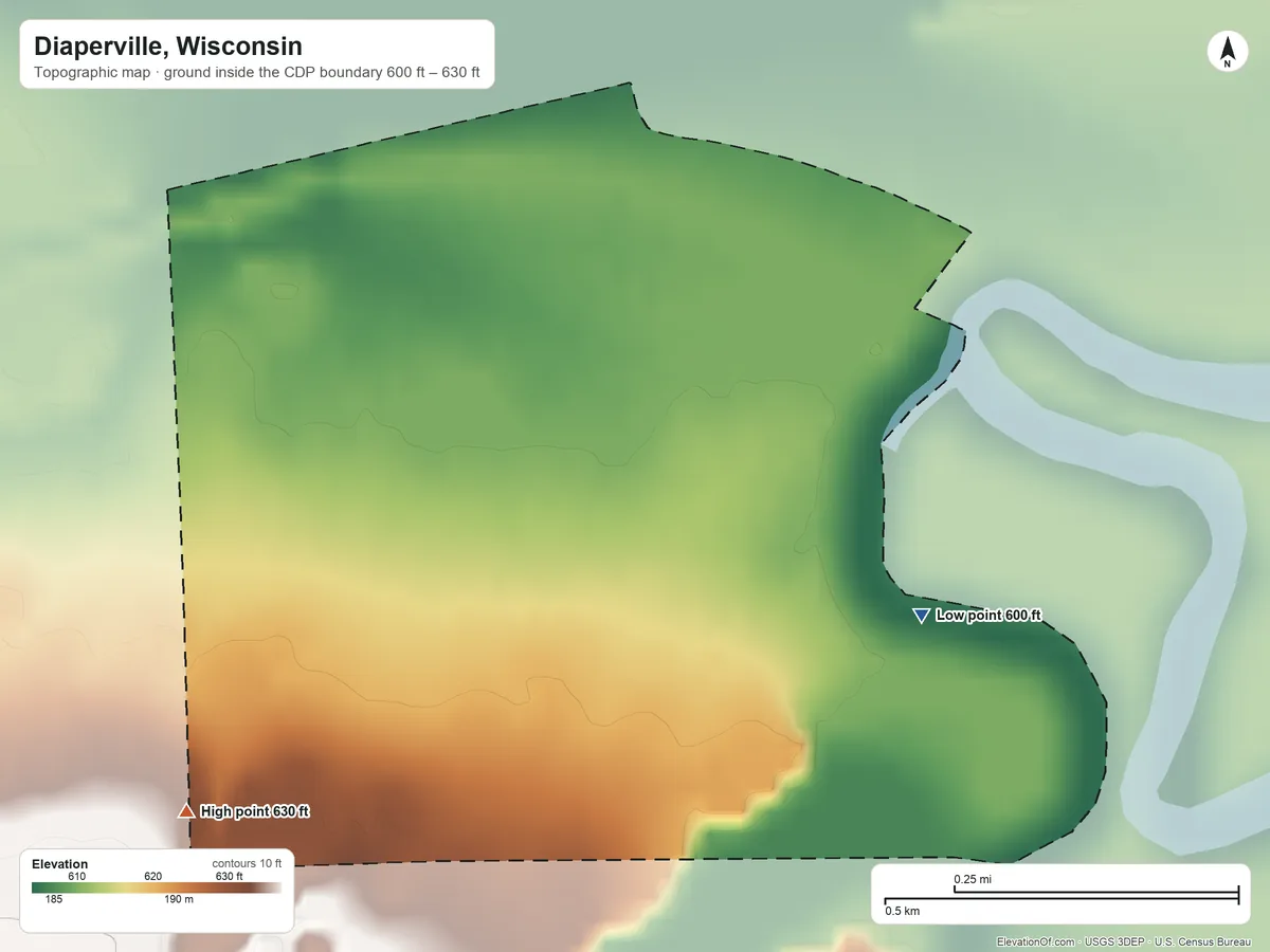 Topographic elevation map of Diaperville, Wisconsin, shaded from 600 ft on the southeast side to 630 ft on the southwest side