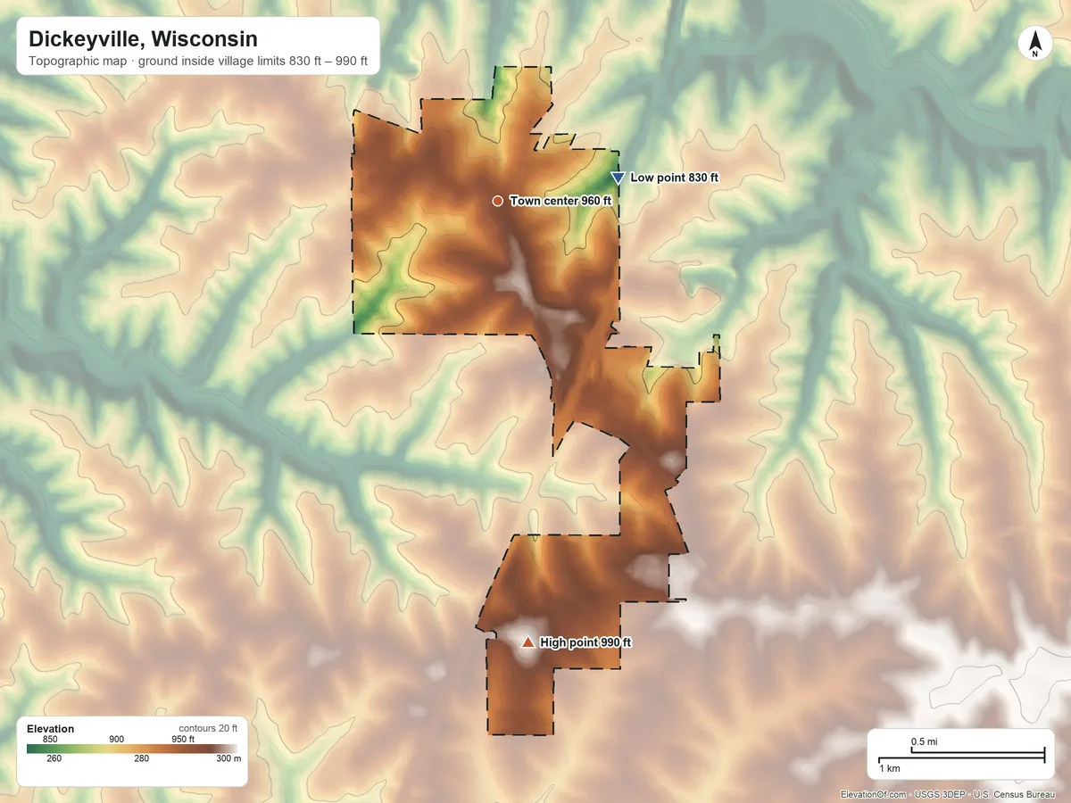 Topographic elevation map of Dickeyville, Wisconsin, shaded from 830 ft on the east side to 990 ft on the south side