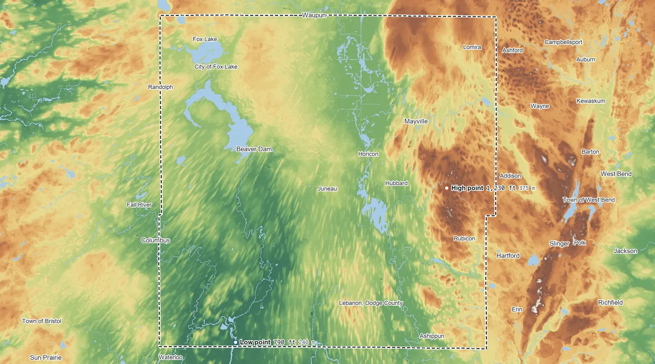 Topographic elevation map of Dodge County, Wisconsin, shaded from 790 ft on the southwest side to 1,230 ft on the east side