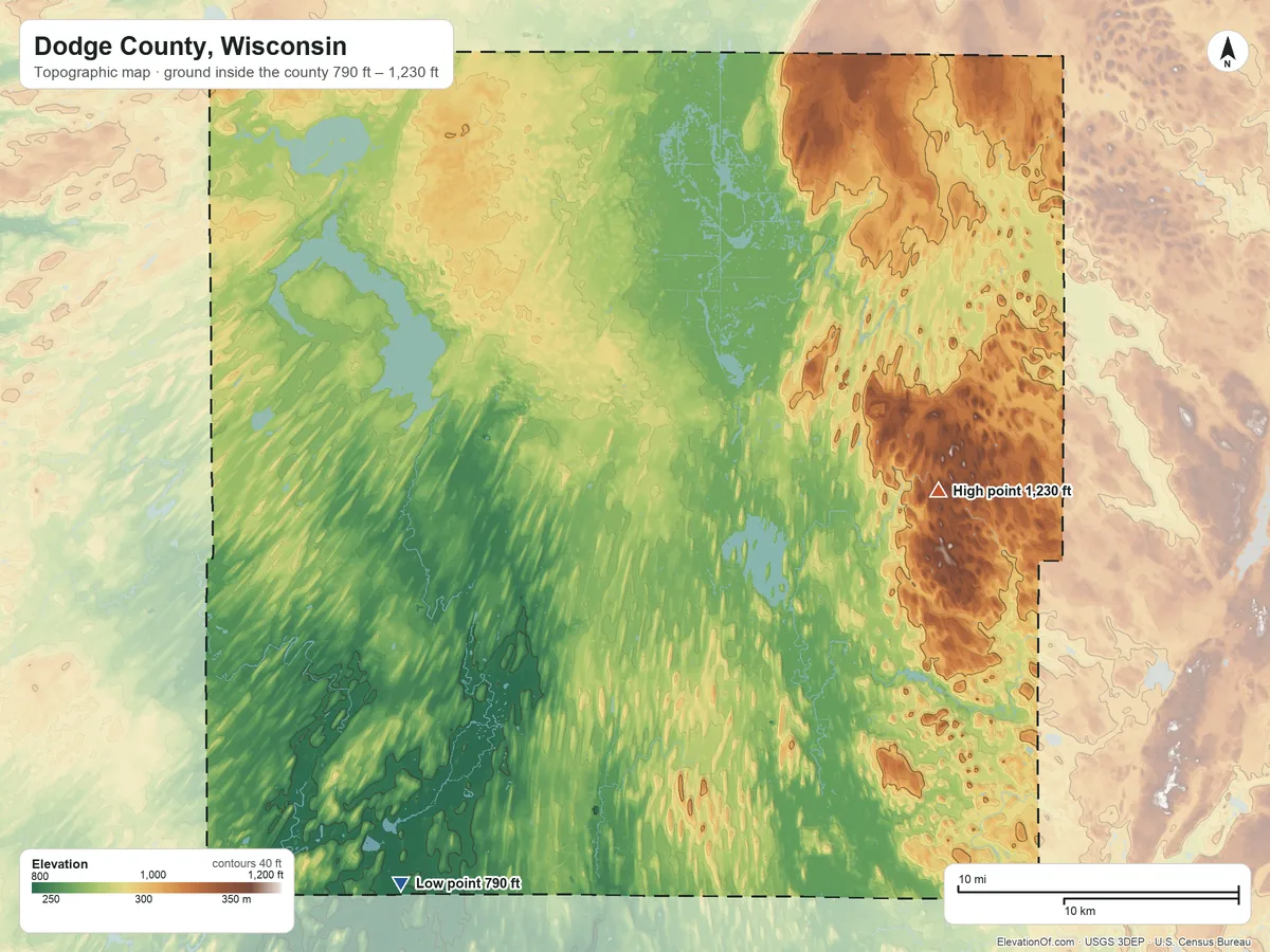 Topographic elevation map of Dodge County, Wisconsin, shaded from 790 ft on the southwest side to 1,230 ft on the east side