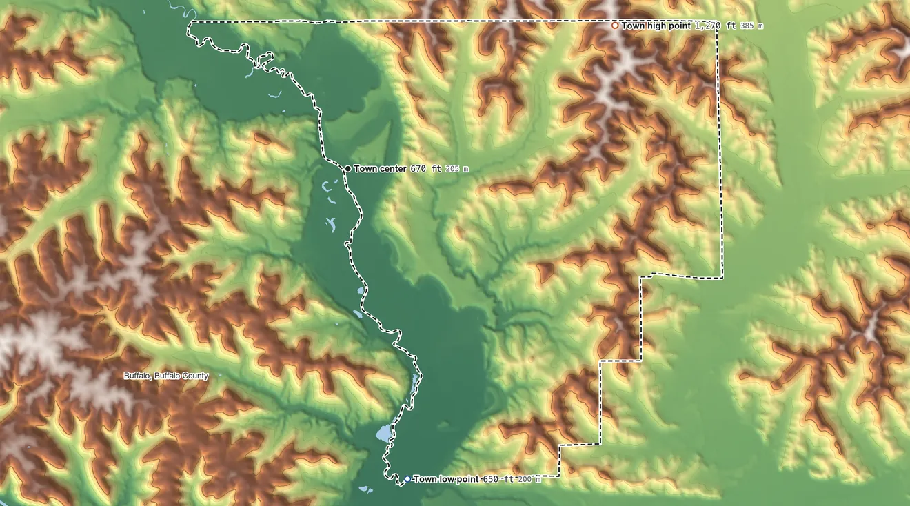 Topographic elevation map of Dodge, Wisconsin, shaded from 650 ft on the south side to 1,270 ft on the northeast side