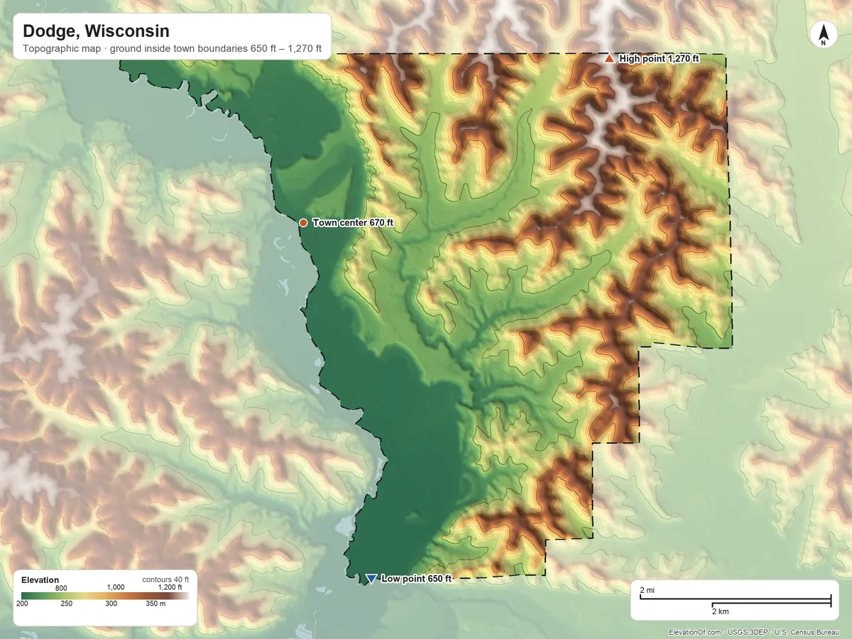 Topographic elevation map of Dodge, Wisconsin, shaded from 650 ft on the south side to 1,270 ft on the northeast side