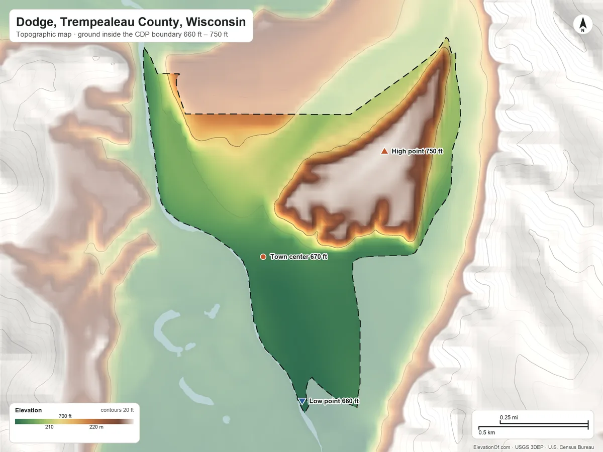 Topographic elevation map of Dodge, Trempealeau County, Wisconsin, shaded from 660 ft on the south side to 750 ft on the northeast edge, below higher ground just outside