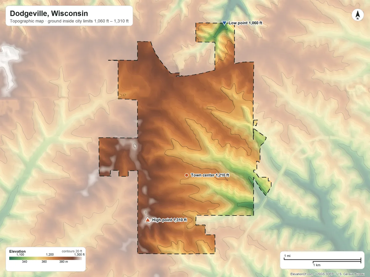 Topographic elevation map of Dodgeville, Wisconsin, shaded from 1,060 ft on the north side to 1,310 ft on the southwest side