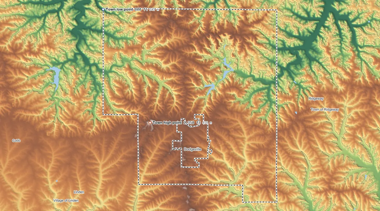 Topographic elevation map of Town of Dodgeville, Wisconsin, shaded from 800 ft on the northwest side to 1,350 ft on the southwest side