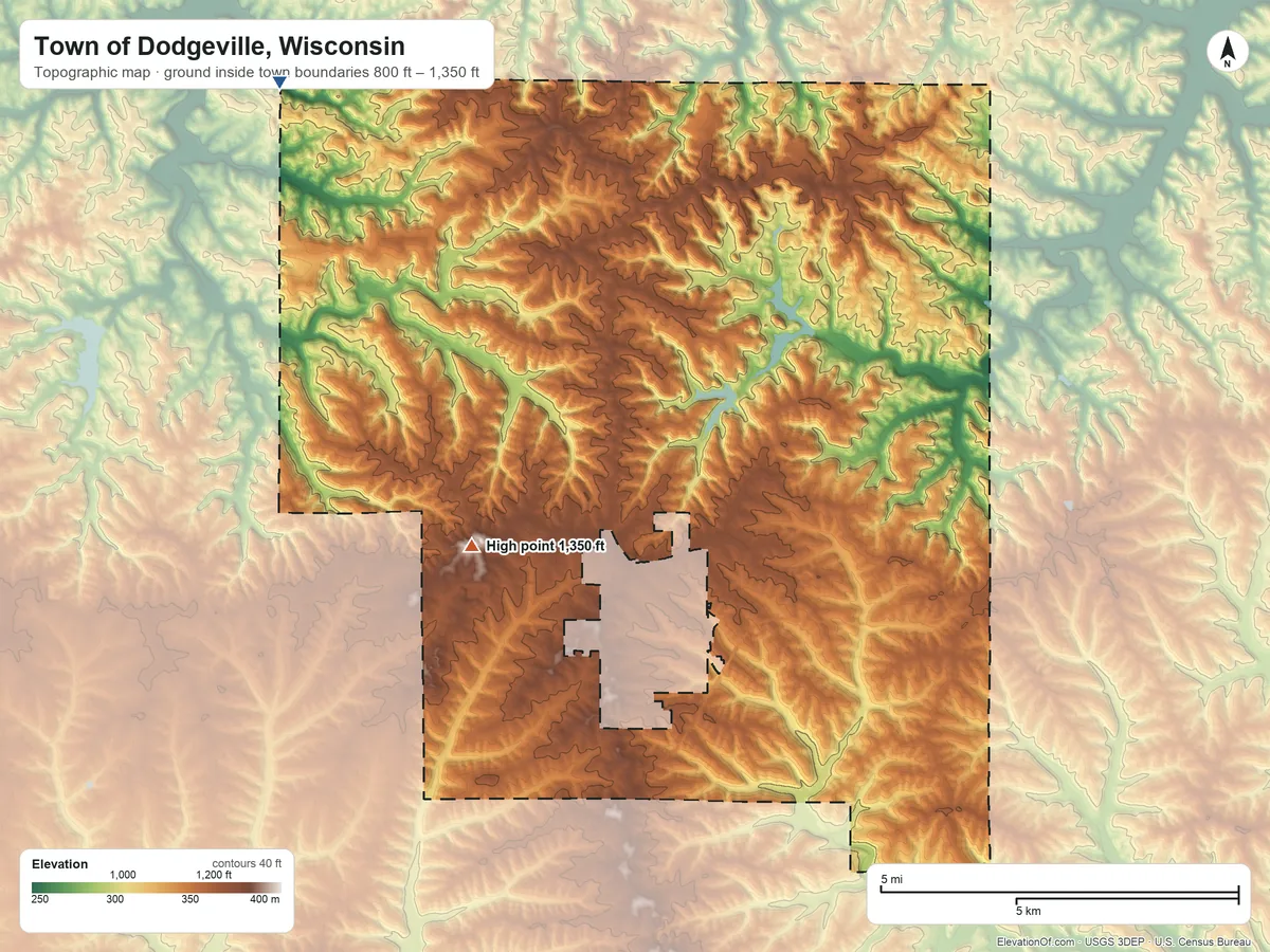 Topographic elevation map of Town of Dodgeville, Wisconsin, shaded from 800 ft on the northwest side to 1,350 ft on the southwest side