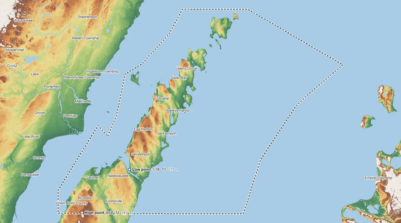 Topographic elevation map of Door County, Wisconsin, shaded from 570 ft on the southwest side to 860 ft on the southwest side