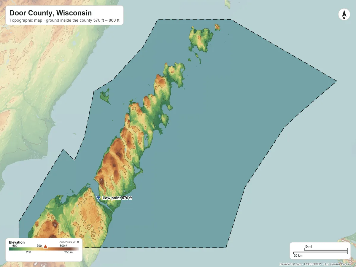 Topographic elevation map of Door County, Wisconsin, shaded from 570 ft on the southwest side to 860 ft on the southwest side