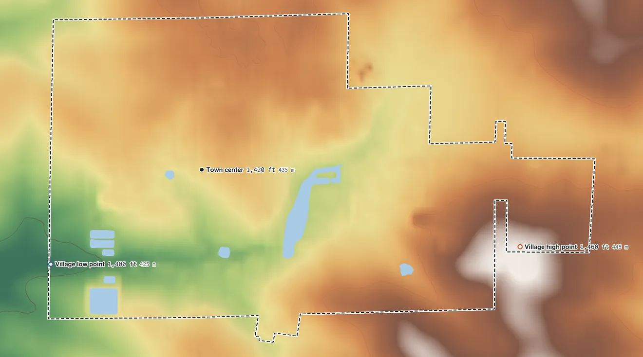 Topographic elevation map of Dorchester, Wisconsin, shaded from 1,400 ft on the southwest side to 1,460 ft on the east side