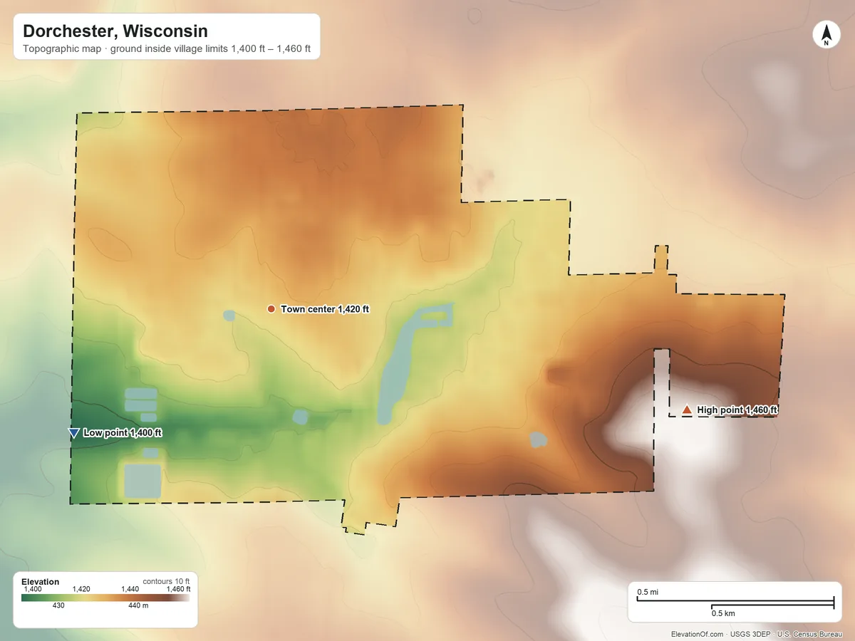 Topographic elevation map of Dorchester, Wisconsin, shaded from 1,400 ft on the southwest side to 1,460 ft on the east side