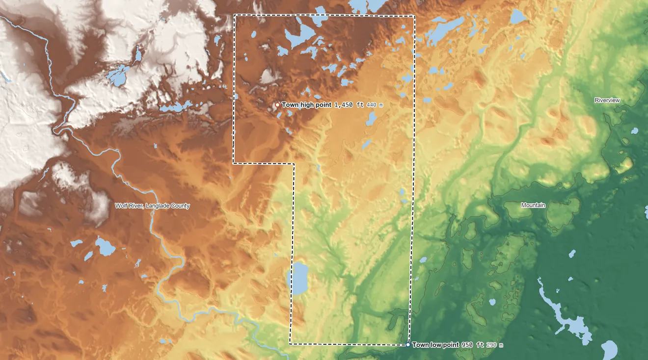 Topographic elevation map of Doty, Wisconsin, shaded from 950 ft on the south side to 1,450 ft on the northwest side