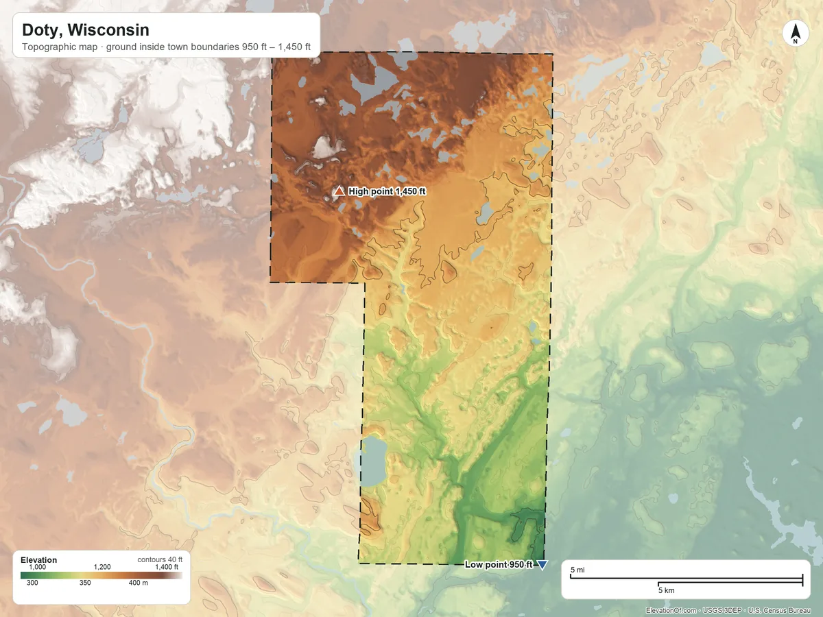 Topographic elevation map of Doty, Wisconsin, shaded from 950 ft on the south side to 1,450 ft on the northwest side